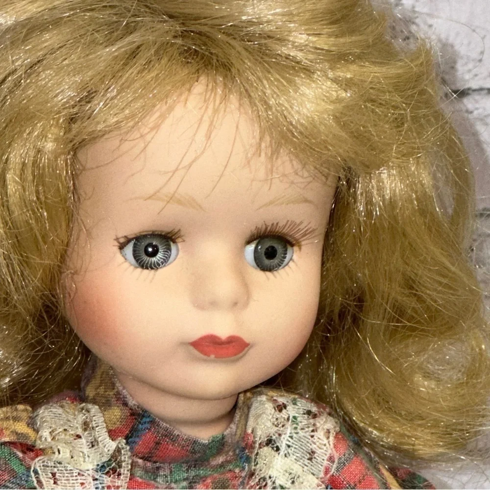Christmas Tree Topper Porcelain Doll 12 in Blonde Hair Plaid Teddy Bear Dress